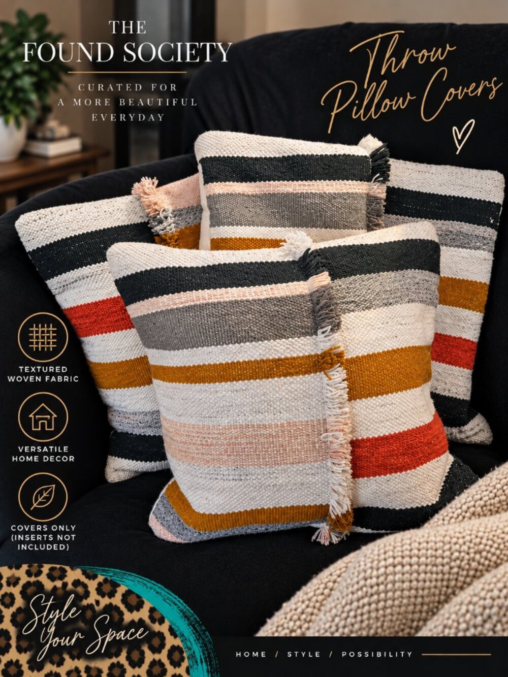 Four Hands Set of 3 Woven Striped Pillow Covers Fringe Boho Modern Decor